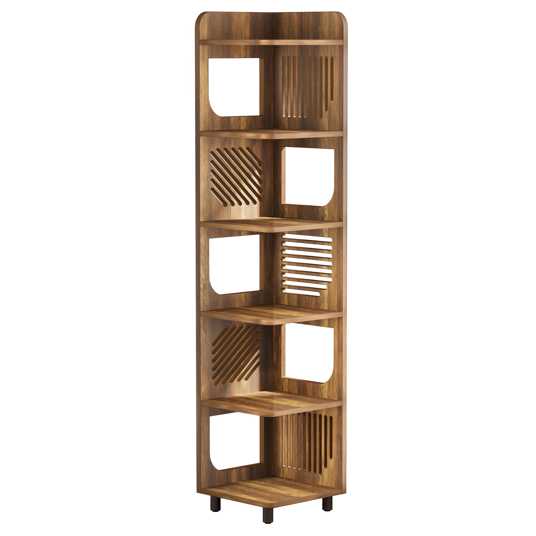 Fnova 71" 6-Tier Tall Corner Bookshelf, Rustic Wooden Narrow Corner Bookcase with Artistic Square Rack, Freestanding Display Storage Shelf for Space-Saving Home Organizing