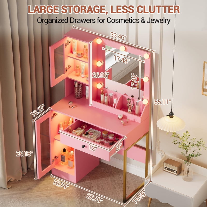 TROPOW Vanity Desk with Mirror and Lights Elegant Makeup Vanity Table with Drawers & Cabinets, Storage, Sturdy MDF Top, Adjustable Brightness Bulbs, Built-in Power Outlet & USB Ports,Pink