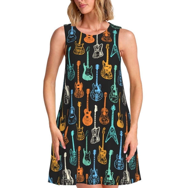 Fotbe Colorful Guitar Vestido de Verano sin Mangas para Mujer – Vestido Midi Línea A, Estilo Camiseta Floral, Vestido Playero Casual y Fluido