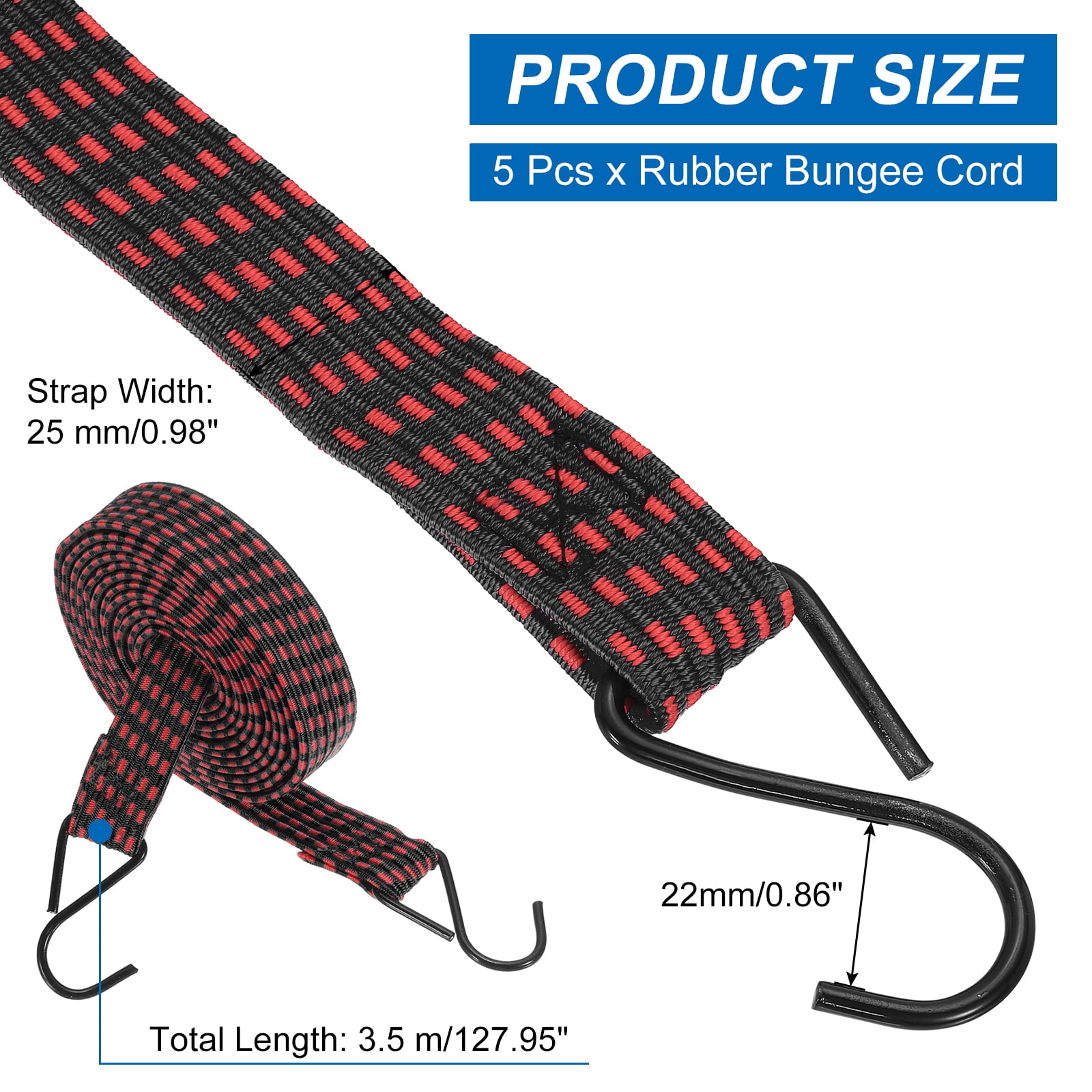 5Pack Bungee Cords, 127.95" Length Bungee Cords with Hooks 0.98" Width Adjustable Flat Elastic Rubber Bungee Straps for Luggage, Roof Racks, Tarpaulin, Moving Cargo, Camps, Tarps