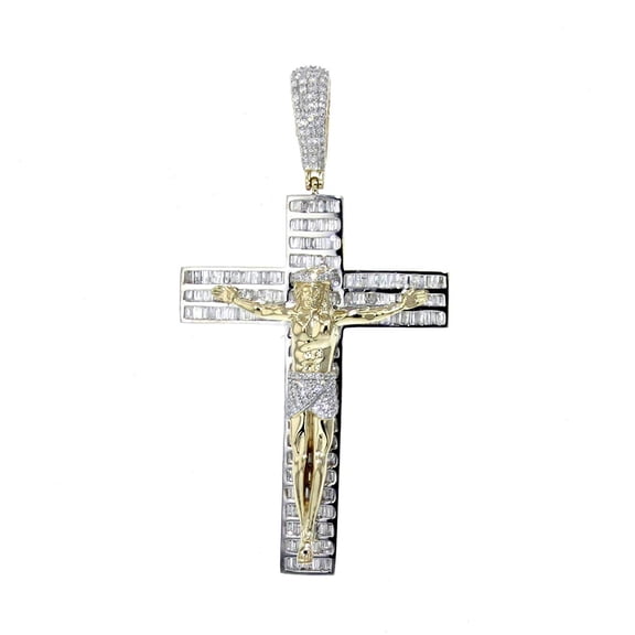 Midwest Jewellery 10K Gold Diamond Cross Pendant Mens Crucifix Charm Baguette and Round Diamonds 2.5 inch Tall
