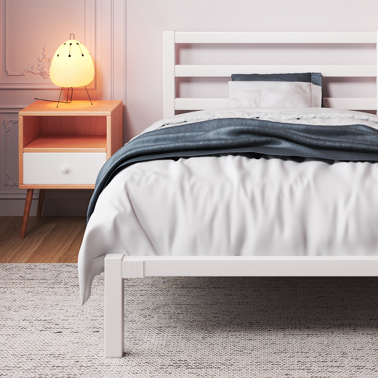 Twin Size Metal Platform Bed Frame with Headboard, Heavy Duty Steel Slat Support, Under-Bed Storage, No Box Spring Needed, White