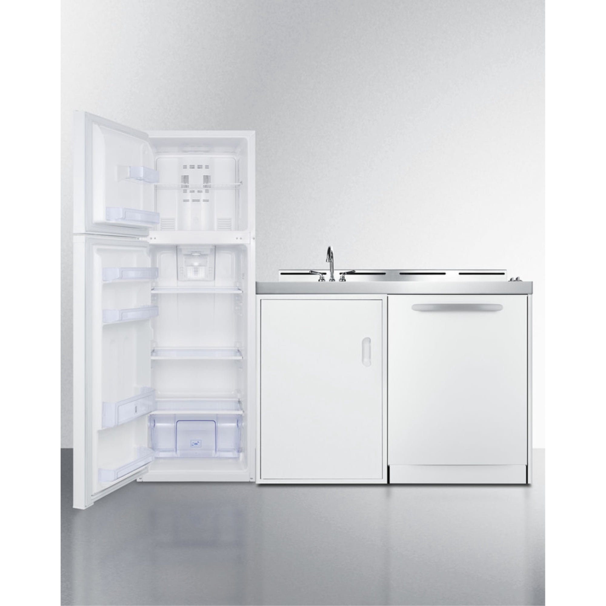 All-in-one combination kitchenette with full-sized refrigerator-freezer, dishwasher, sink, storage cabinet, and 2-burner coil cooktop