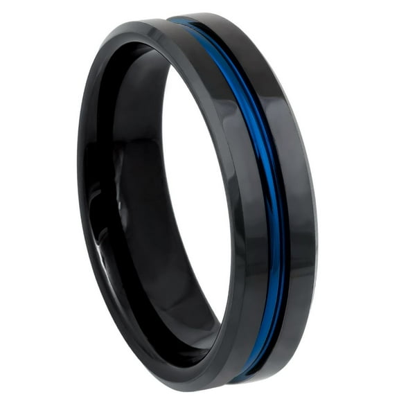 Custom Personalized Engraving Wedding Band Ring Set for Him & Her - 6mm High Polished Beveled Edge Black IP Plated Ring with Blue IP Plated Grooved Center