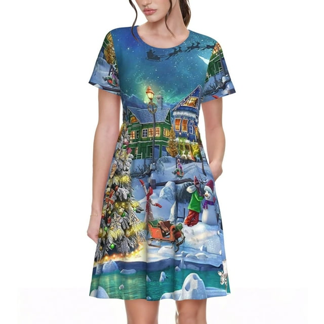 Xecao Arbre de Noël pour Femmes Robe Midi à Manches Courtes d'Été avec Poches Robe Décontractée Fluide T-Shirt Robe de Plage