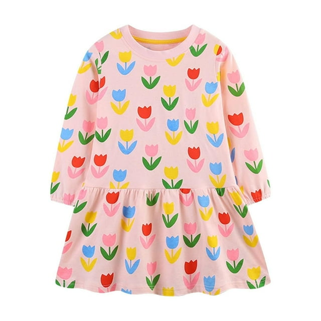 Odeerbi Niñas Vestido Floral Primavera Otoño Algodón Cuello Redondo Manga Larga Vestido Suelto
