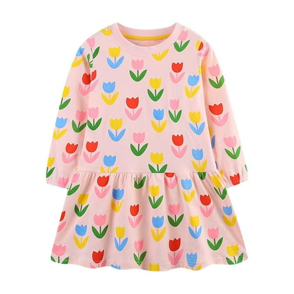 Odeerbi Niñas Vestido Floral Primavera Otoño Algodón Cuello Redondo Manga Larga Vestido Suelto