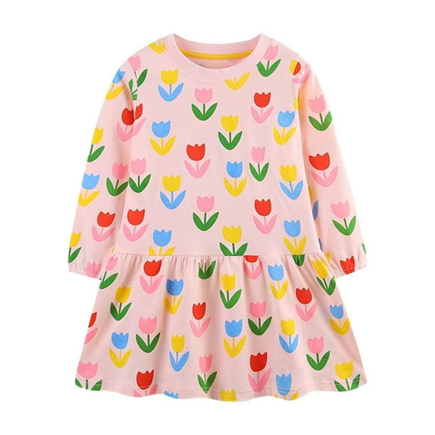 Odeerbi Niñas Vestido Floral Primavera Otoño Algodón Cuello Redondo Manga Larga Vestido Suelto
