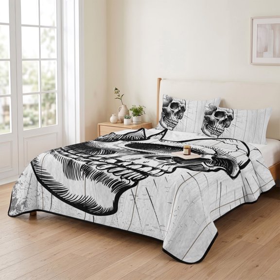 3 Piece Summer Bed Quilt Set Queen Size,Watercolor Skull Line Pattern Lightweight Bedspread Coverlet with 2 Pillowcases Abstract Skeleton on White Wood Soft Comforter Bedding Quilts for All Season