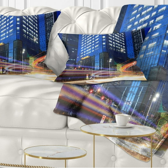 Designart Light Trails in Blue City - Cityscape Digital Throw Pillow - 12x20