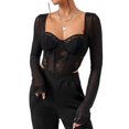 thumbnail image 1 of MYG Mode Femme Aguichant Dentelle Maille Chevrons Slim Col Carré Manches Longues Hauts, 1 of 9