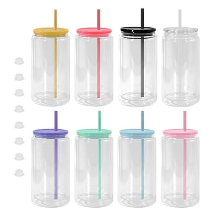 AGH 8 Pack Plastic Snow Globe Tumbler, 16 Oz Double Wall Plastic Can with Lid and Straw, Plastic Mason Jar Mug for Snow Globe Glitter DIY Gift