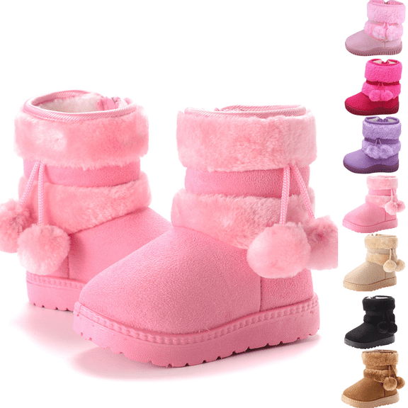 XUNKUSGA Toddler & Little Kid Winter Boots Cozy Warm Fleece Lined Snow Boots with Side Zipper Soft Suede Comfortable Outdoor Ankle Boots with Pom Poms for Cold Weather 12-15 Months