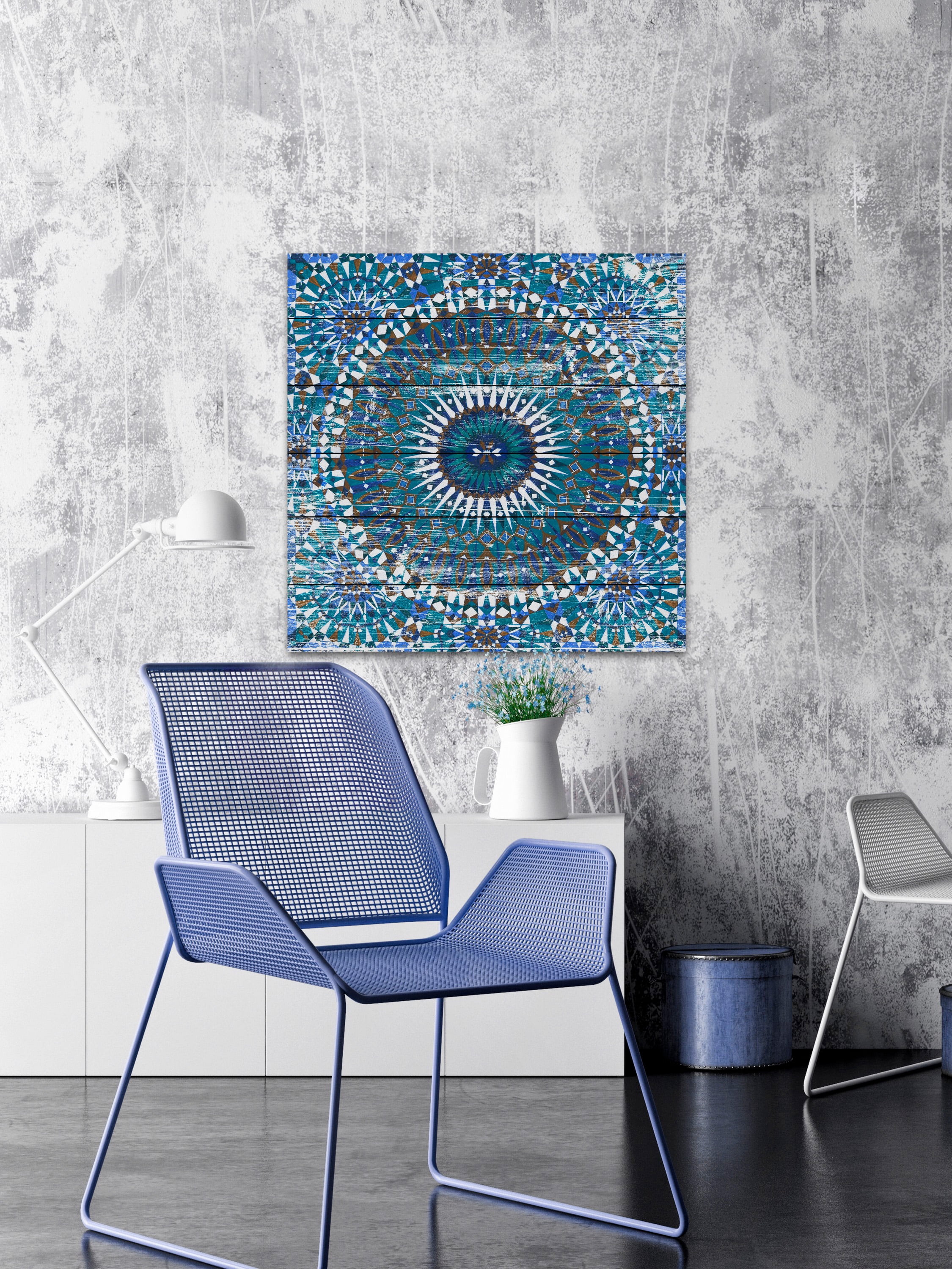 Marmont Hill Morrocan Blue White Wood Wall Art, 12" x 12"