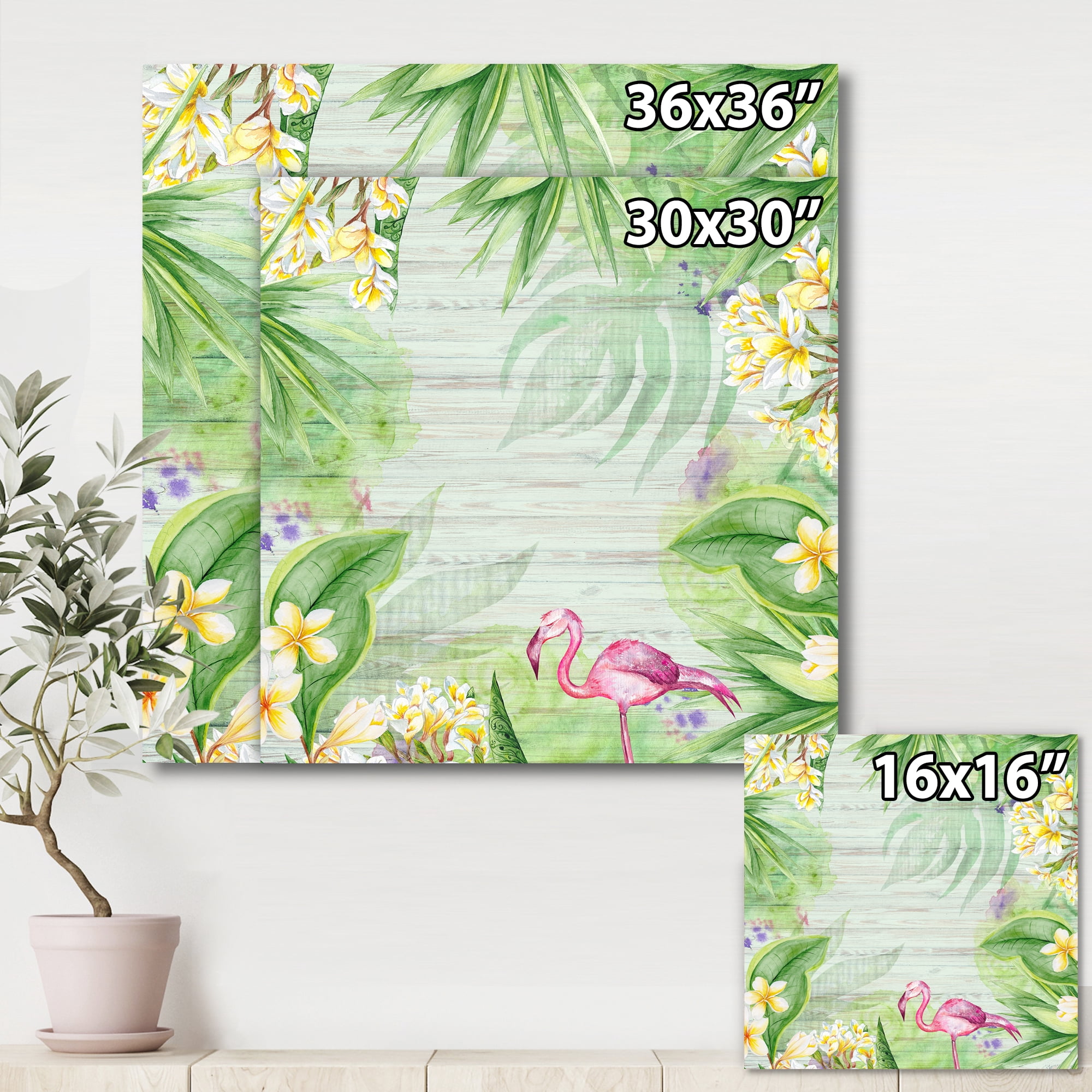 Designart ' Yellow Flowers, Tropical Foliage With Flamingo I ' Modern Canvas Wall Art Print