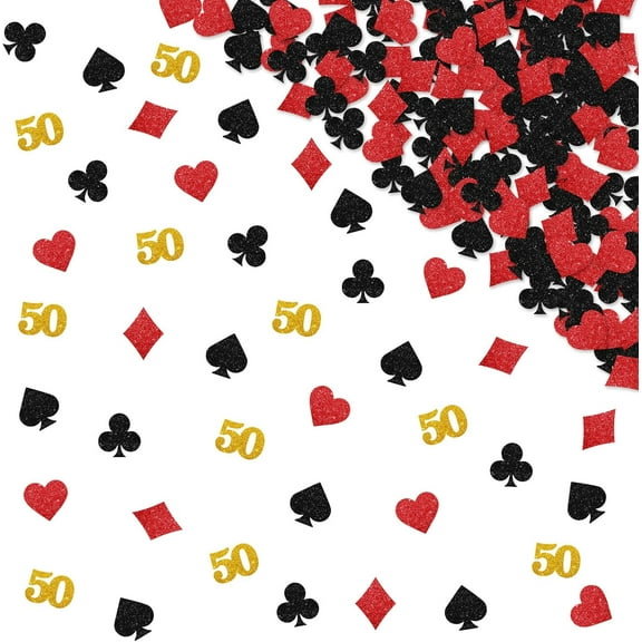 120Pcs Casino 50th Birthday Confetti, Casino Night Table Confetti, Black&Red Glitter Poker Party Cheers to 50 Years Table Scatter, Las Vegas Theme 50th Birthday/Anniversary Party Decoration