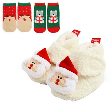 

Baby Christmas Booties and Socks Set Winter Warm Fleece Ankle Crib Shoes and Socks 3 Piece set