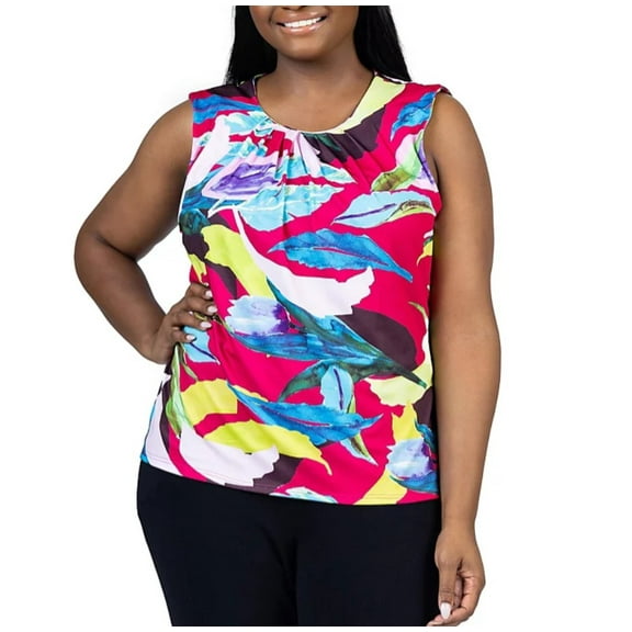 24Seven Comfort Apparel Women's Pleated Crew Neck Sleeveless Top Plus Size 2X