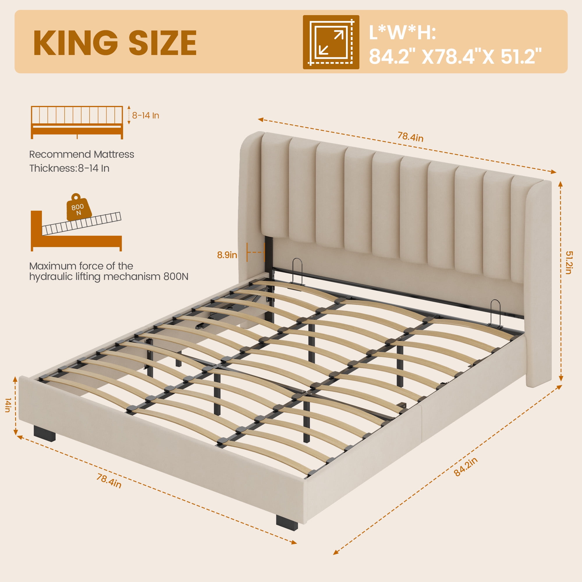 King Size Upholstered Lift Up Storage Bed Frame with 51" Tall Velvet Headboard, Wingback Platform Bed, Hydraulic Storage Base, No Box Spring Required, Noise-Free Double Low Profile Bed (King, Beige)