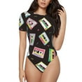 thumbnail image 2 of Goofa Colorful Retro Tape Printed Women Rash Guard Short Sleeve,Tummy control Swimsuit Surfing Swimsuit Bathing Suit One Piece Swimsuit UPF 50-X-Large, 2 of 9