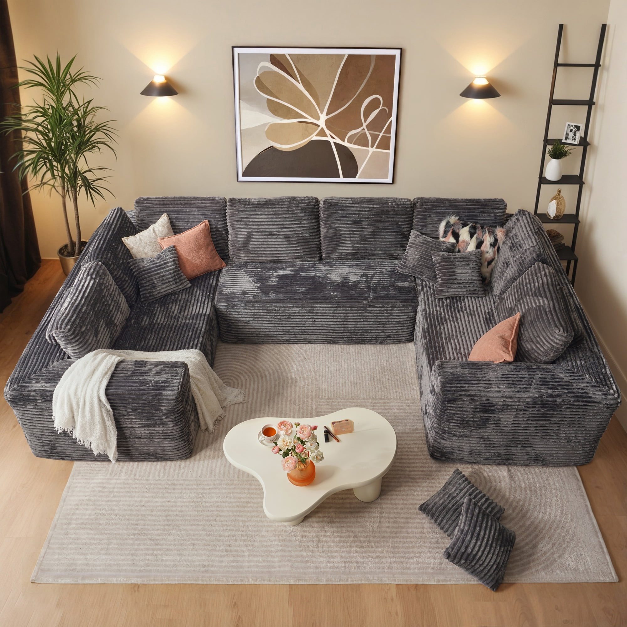 Ovios 135'' x 68'' U-Shaped Oversized Sectional Sofa Modern Modular Cloud Couch with Deep Seat Plush Corduroy Upholstered Large Comfy Sofa for Living Room, No Assembly, Gray