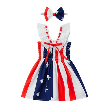 

Arvbitana Toddler Baby Girl 4th of July Outfit 6M 12M 2T 3T 4T 5T Lace Sleeveless Stars and Stripes Print Smocked Dress Headband 2Pcs Independence Day Set