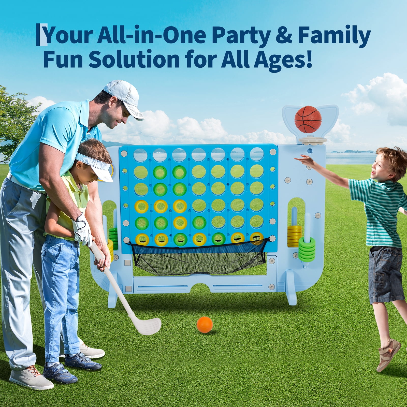 Adjustable Height 4-in-a-Row Game Center w/ Basketball, Golf & Ring Toss – Quick-Release Slider, Outdoor/Indoor Family Party Set for All Ages