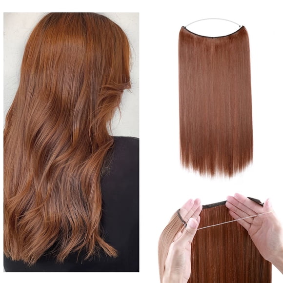 S-noilite 20" No Clip In Hairpiece Invisible Halo Hair Extension One Piece Straight Wire Hair Extension Hidden Secret String Full Head Fish Line Hair Extension Synthetic(brown red)