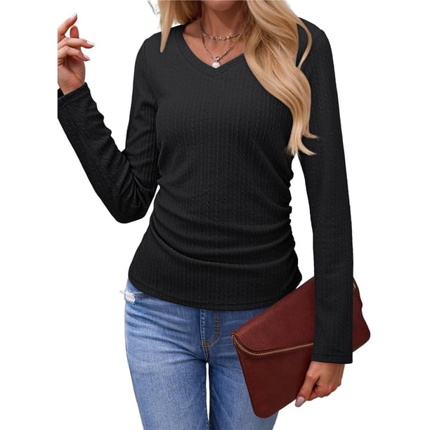 Tops Casuales para Mujer, Cuello en V, Camisas de Larga, Túnicas Básicas con Frunces Lisos, Blusas Negro L