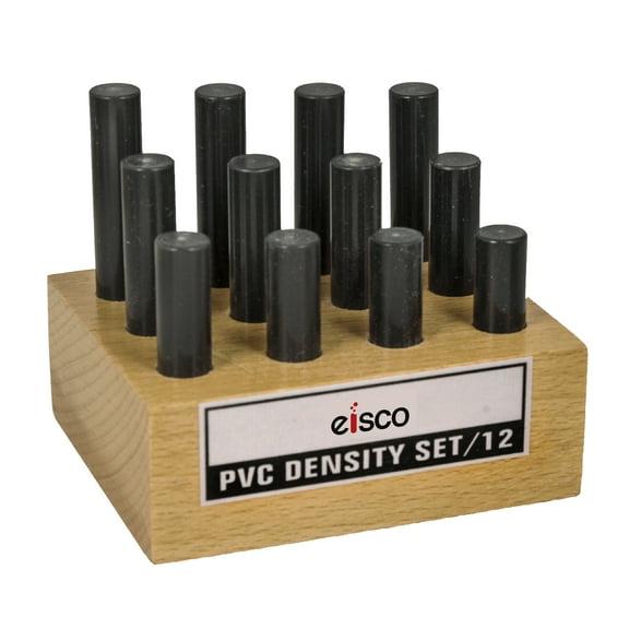 12pc Cylindrical Bars Density Set, PVC - Various Lengths - Includes Wooden Storage Block - For Studying Density & Mass - Eisco Labs