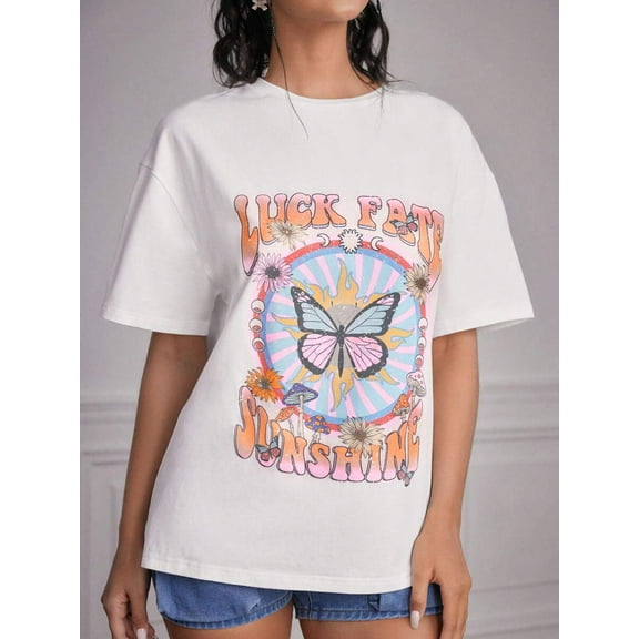 Forever 21 Romantic Butterfly & Letter Print Loose Fit Casual Knit T-Shirt