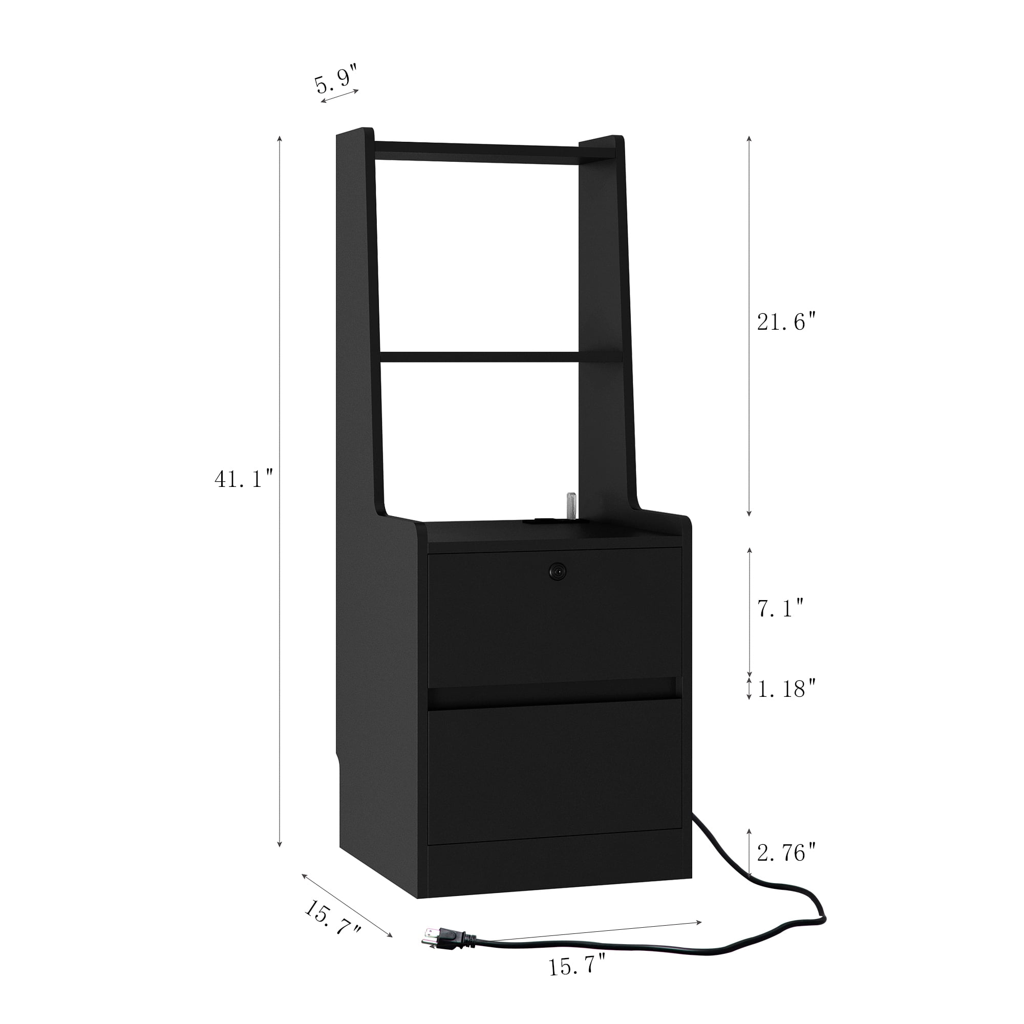 Yoneston Stoage Nightstand with Charging Station and Removable Smart LED Night Light, Modern Tall Bedside Table with Open Shelves and Drawers, Black