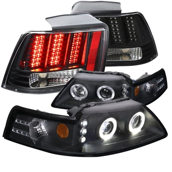 Spec-D Tuning Dual Halo Projector Headlights W/ LED Fog Strips Lamps Mk5 Compatible with Ford Mustang Left   Right Pair Headlamps Assembly