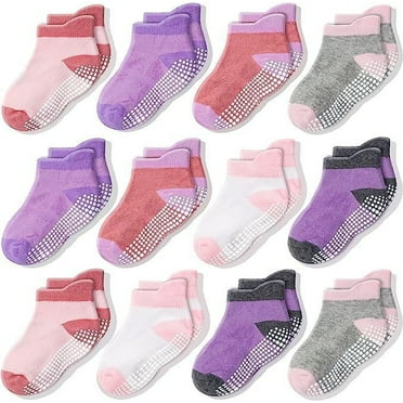 CozyWay Toddler Girl Socks With Grippers Non Slip Ankle Grip Socks for Girls Soft Comfy Cotton - 1T-3T Multi Color Pink - 12 Pack