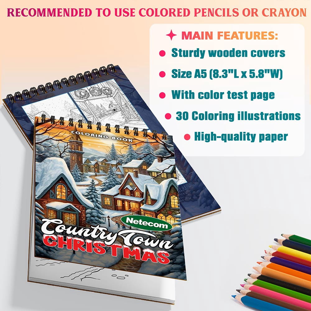 Netecom Christmas Country Town Coloring Book Spiral Bound For Adults, A5 Wooden Cover 30, Delightful Coloring Pages of Snowy Streets and Cozy Homes for Stress Relief and Relaxation