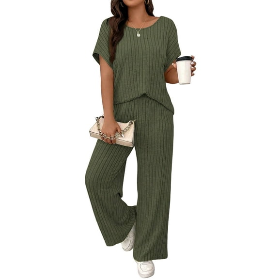 Women'S 2pcs Casual Short Sleeve Solid Color Top and Long Pants Trouser, 2 Piece Outfits Set for Women  Green S