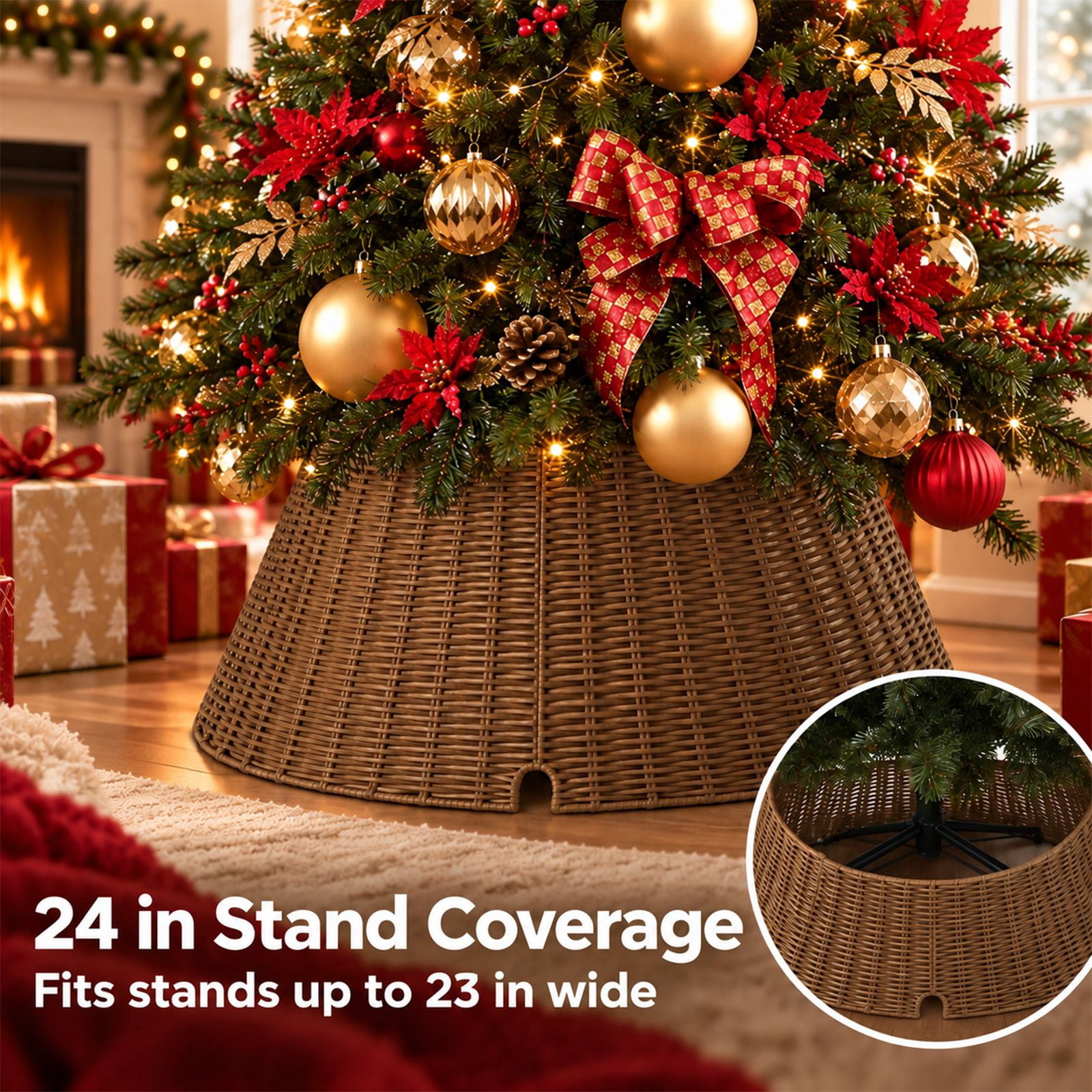 Alvantor Water Hyacinth Christmas Tree Collar, Woven Base Cover, Brown, 19.69 x 27.17 x 10.24 in