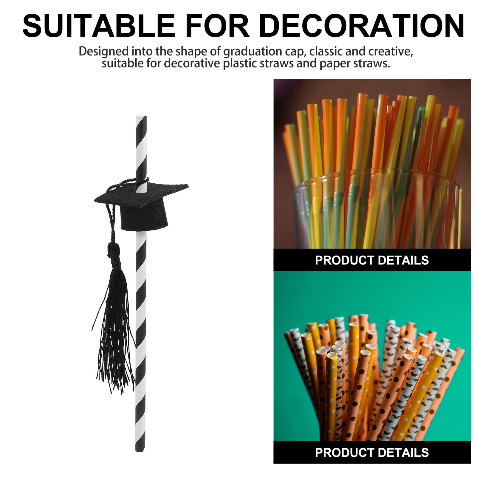 48pcs Graduation Party Drinking Straws with Cap Design, Dessert Table Decor for Graduation Season Celebration and Party Supplies
