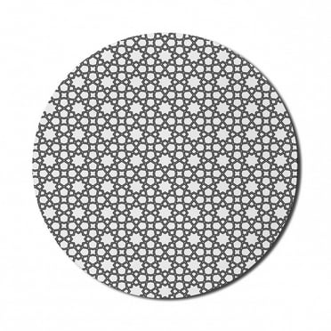 Geometrical Mouse Pad for Computers, Monotone Illustration Along Abstract Shapes Ornamental Stars Print, Round Non-Slip Thick Rubber Modern Mousepad, 8" Round, Charcoal Grey and White, by Ambesonne