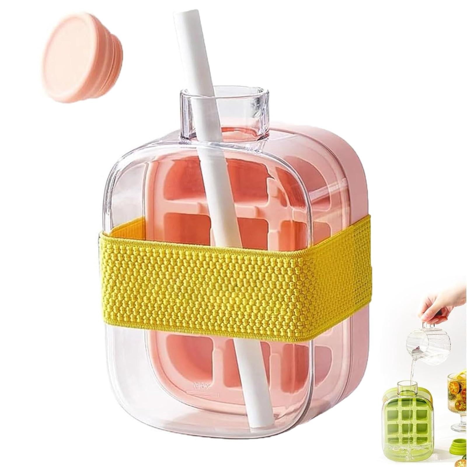 Mold Bottle - 500ml Water Bottle with Ice Tray, Built-in Straw, Yellow Strap, Pink, for Home, Office, Travel, Outdoor Activities