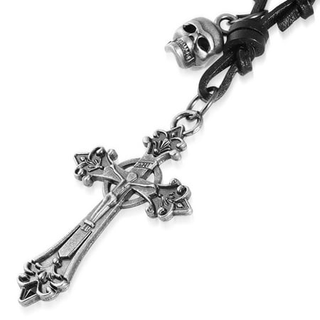 - Antique Vintage Roman Cross Skull Charm Adjustable Black Leather Biker Necklace