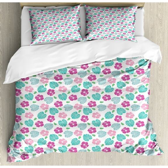 Tropical Duvet Cover Set, Flowers and Leaves Scattered on a Plain Background, Decorative 3 Piece Bedding Set with 2 Pillow Shams, Queen Size, Pink Turquoise, by Ambesonne
