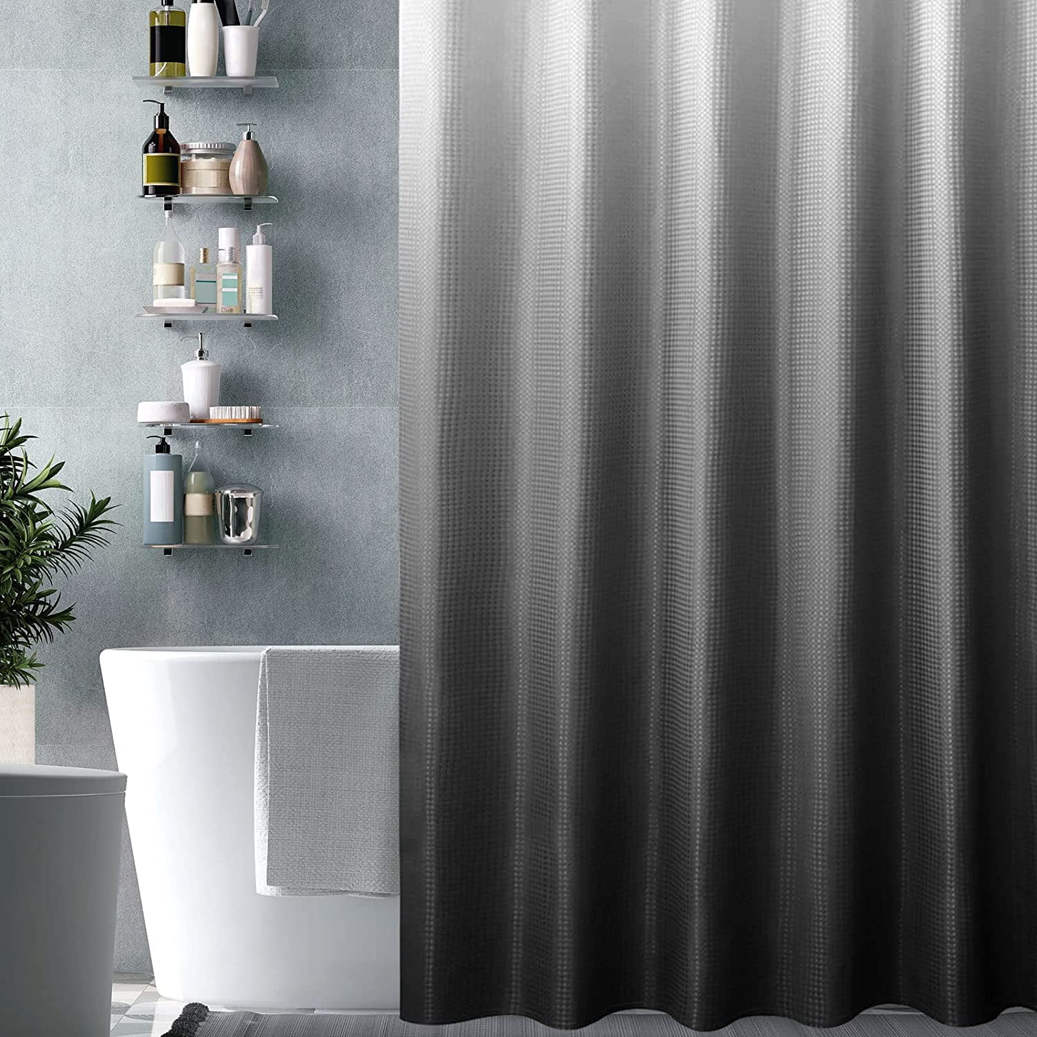 Shower Curtain 72 x 84, Tall Black Ombre Shower Curtain for Bathroom, Waffle Weave Fabric Shower Curtain Set with Hooks, Water Repellent, Machine Washable