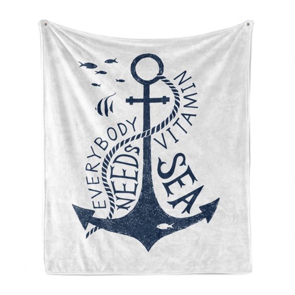 Anchor Soft Flannel Fleece Throw Blanket, Hand Drawn Everybody Needs Vitamin Sea Words Monochrome Fish Silhouette, Cozy Plush for Indoor and Outdoor Use, 50" x 70", Dark Blue and White, by Ambesonne
