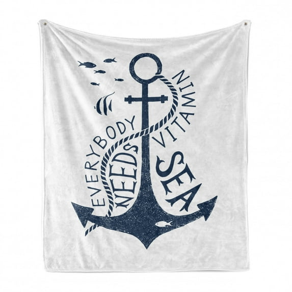 Anchor Soft Flannel Fleece Throw Blanket, Hand Drawn Everybody Needs Vitamin Sea Words Monochrome Fish Silhouette, Cozy Plush for Indoor and Outdoor Use, 60" x 80", Dark Blue and White, by Ambesonne