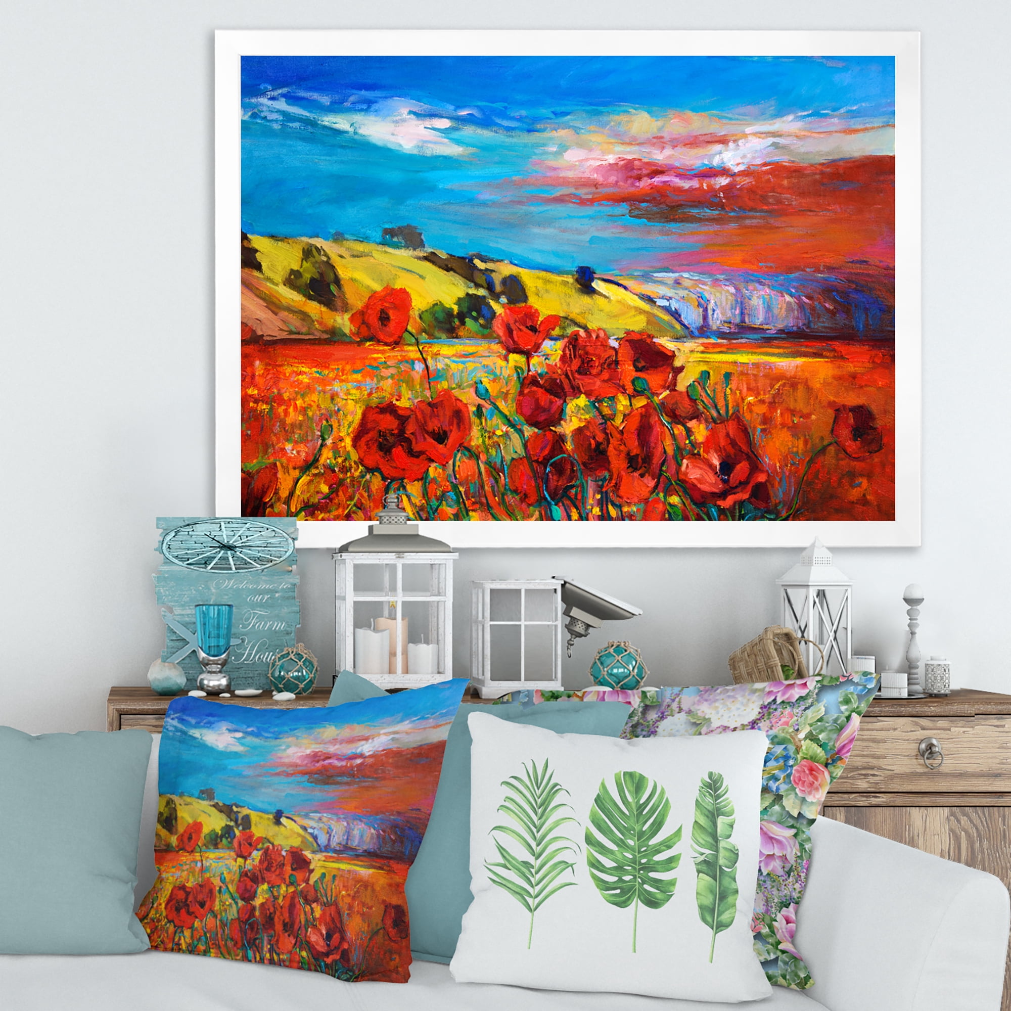 Designart 'Blossomg Red Poppies Under A Blue Sky' Traditional Framed Art Print