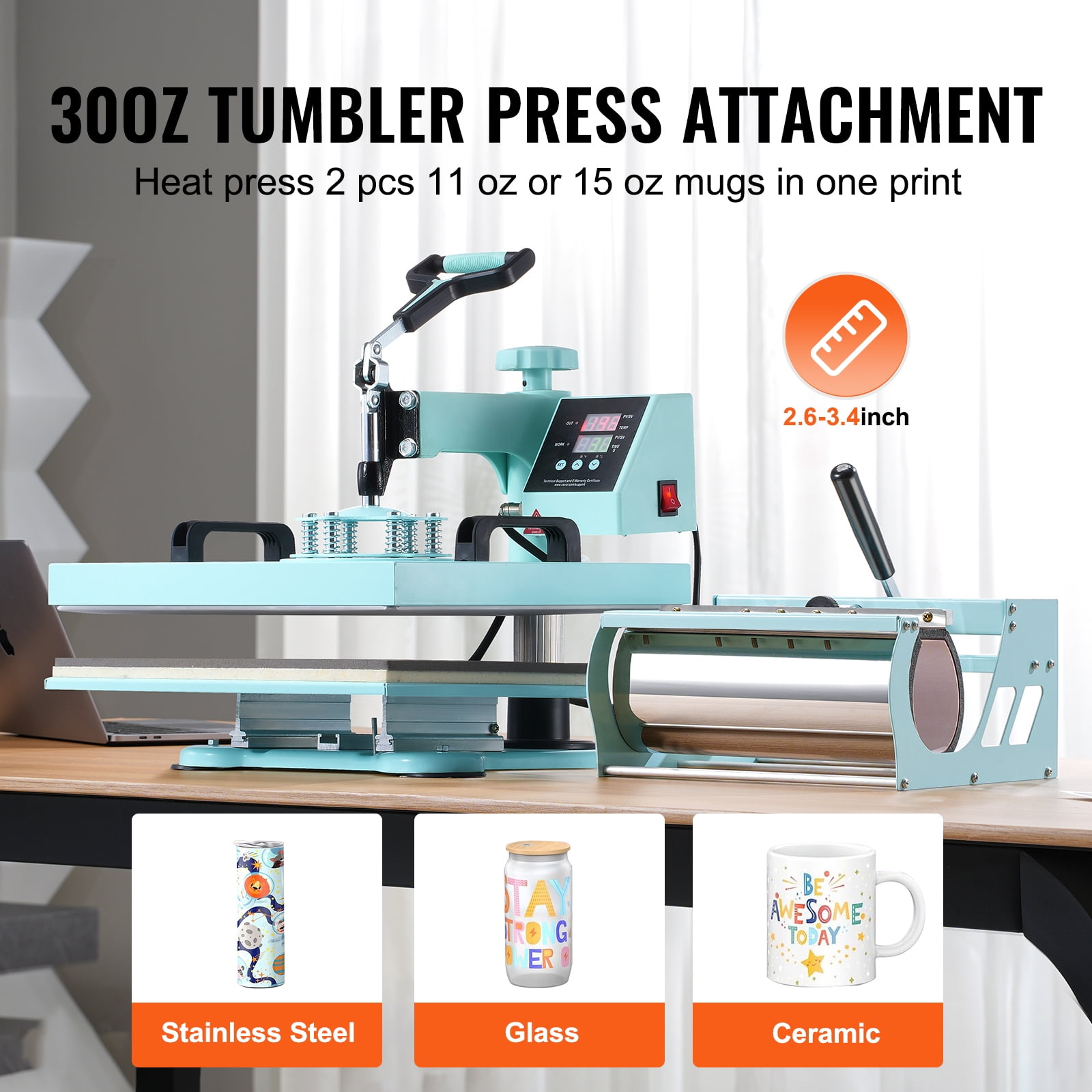 KFFKFF Heat Press, 15x15 inch, 5-in-1 Transfer Tool with 30 oz Cup Press, Swivels 360° for T-Shirt/Mug/Hat/Plate Crafting, Digital Control, Green