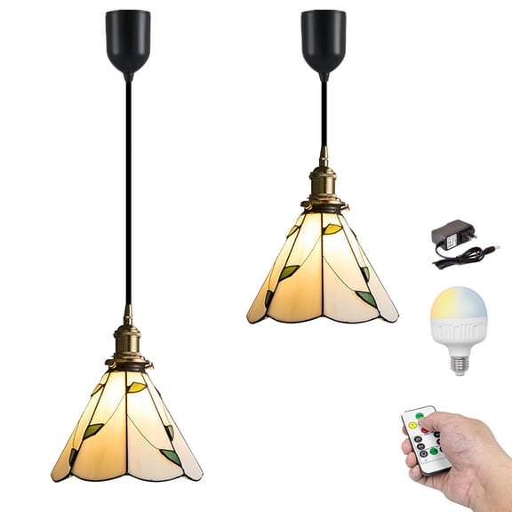 Kiven Battery Operated Pendant Light with Remote, Rechargeable Hanging Pendant Light Adjustable Height with Antiqued Glass Lampshade for Kitchen Island Home Decor Living Room Bedroom(Set of 2)