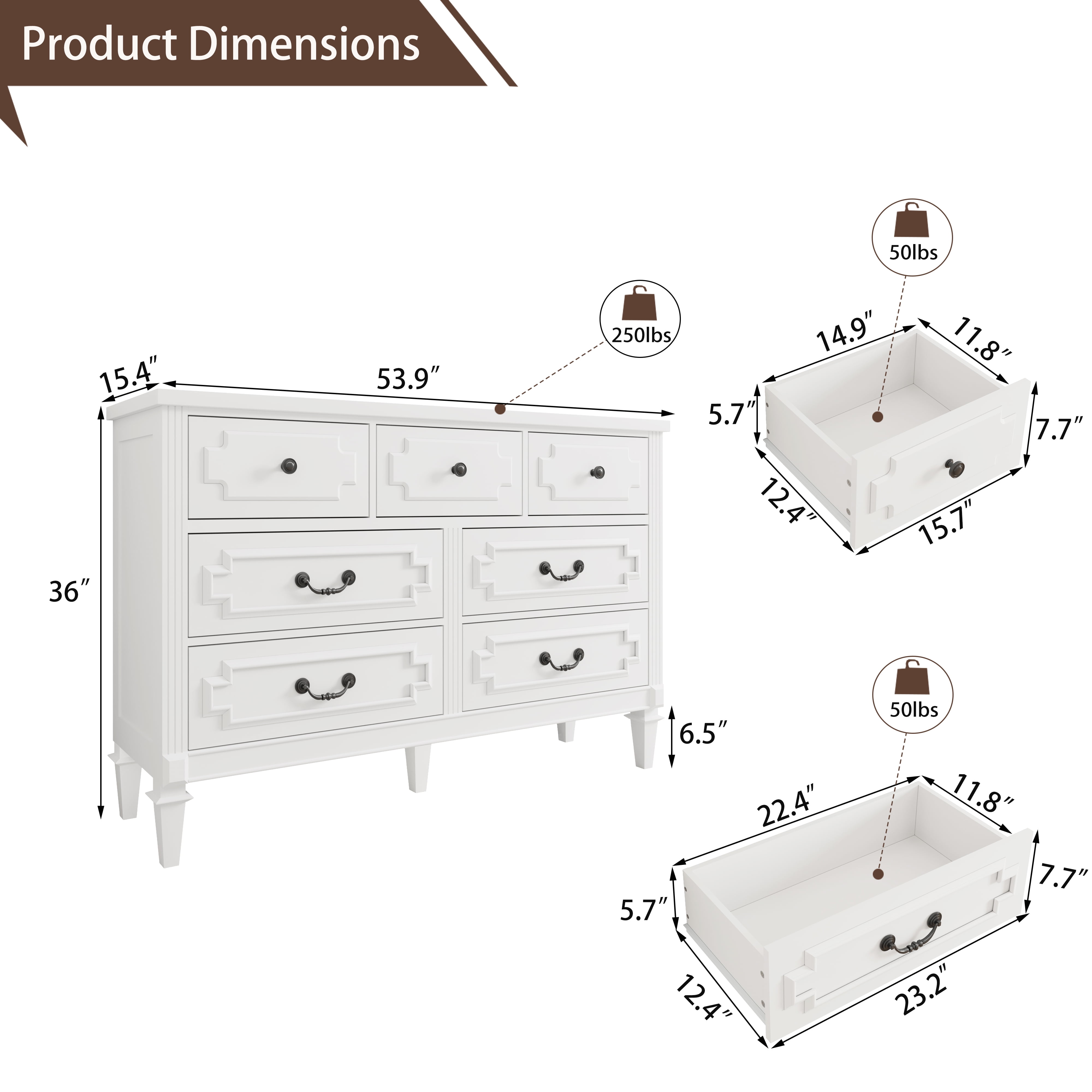 White Dresser for Bedroom, 7 Drawer Dresser with Drawers and Metal Handles, Modern Dressers & Chests of Drawers for Hallyway, Entryway