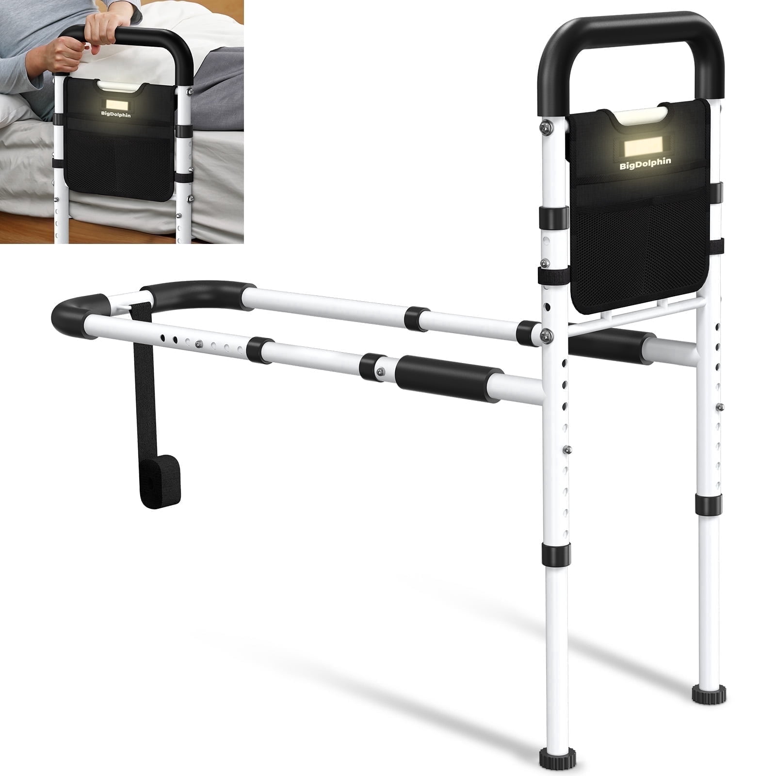 BigDolphin Bed Rail for Seniors – 350 LB Capacity, Adjustable Bed Assist Rails for Elderly Adults Safety with Motion Sensor Light, Non-Slip Ergonomic Handle and Storage Bag